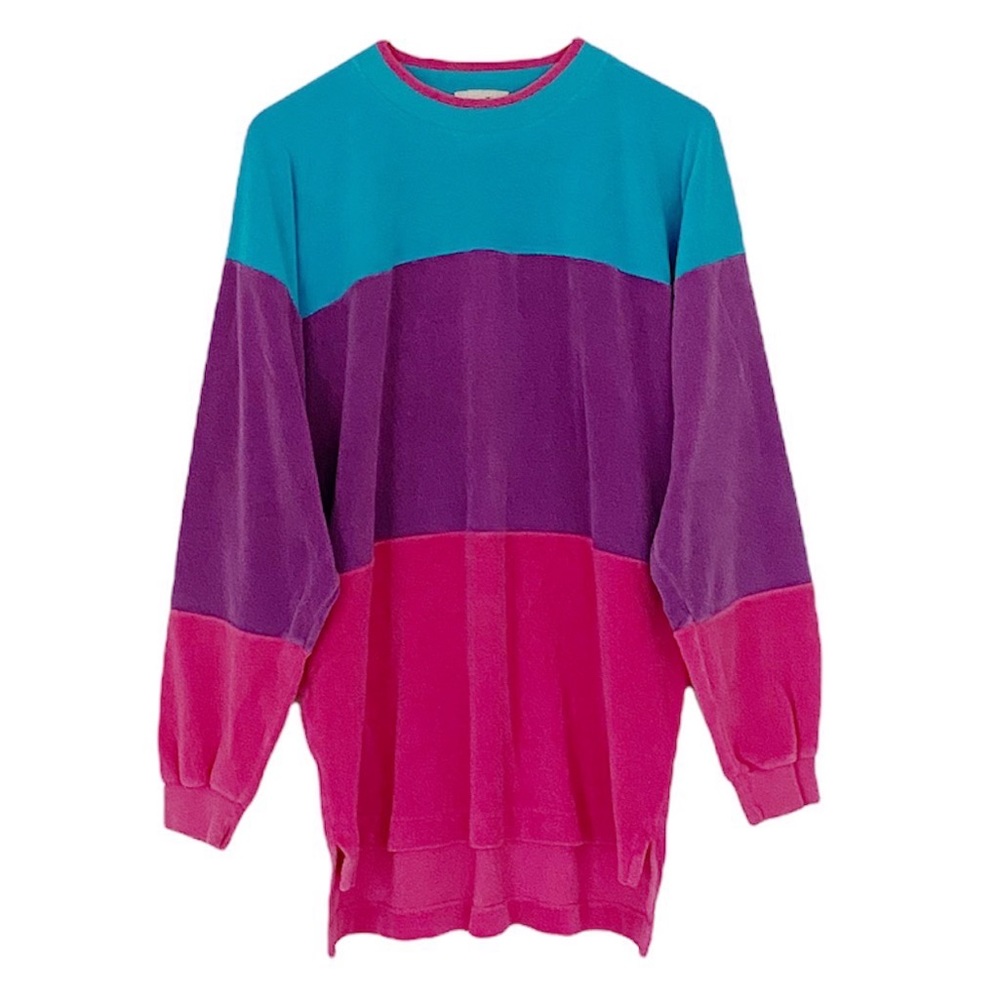 80s 90s knit velour sweatshirt - long pink blue purple maximalist athleisure